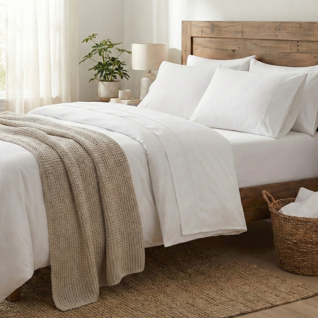 White-on-white embroidered organic cotton sheet set – tone-on-tone embroidery on crisp white 200 TC GOTS-certified percale, flat sheet and housewife pillowcases, Whites of London India