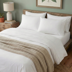 White on White organic cotton percale sheet set on a styled bed – understated tone-on-tone embroidery, cool and breathable 200 TC GOTS-certified percale, Whites of London