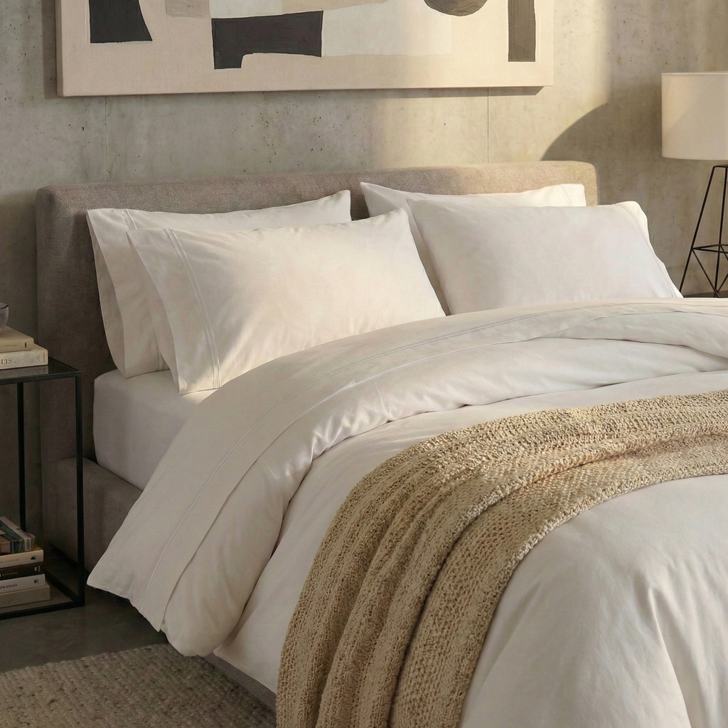 Folded White on White 200TC organic cotton percale flat sheet – crisp, matte finish with tone-on-tone embroidery, lightweight and breathable, grows softer with every wash
