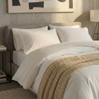 Folded White on White 200TC organic cotton percale flat sheet – crisp, matte finish with tone-on-tone embroidery, lightweight and breathable, grows softer with every wash
