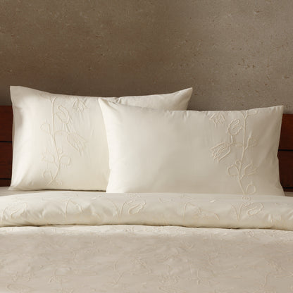 Abundance — organic cotton percale floral ivory on ivory embroidered duvet cover set, 200 TC, detailed view