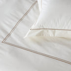 Ethan — organic cotton ivory percale luxe marrow brown colour embroidered duvet cover with pillowcases set, 200 TC, hotel inspired, detail view